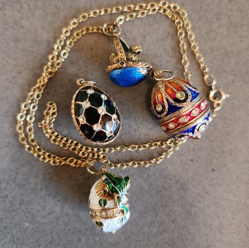 4 Faberge-like Egg Necklace charms with 18" Chain.